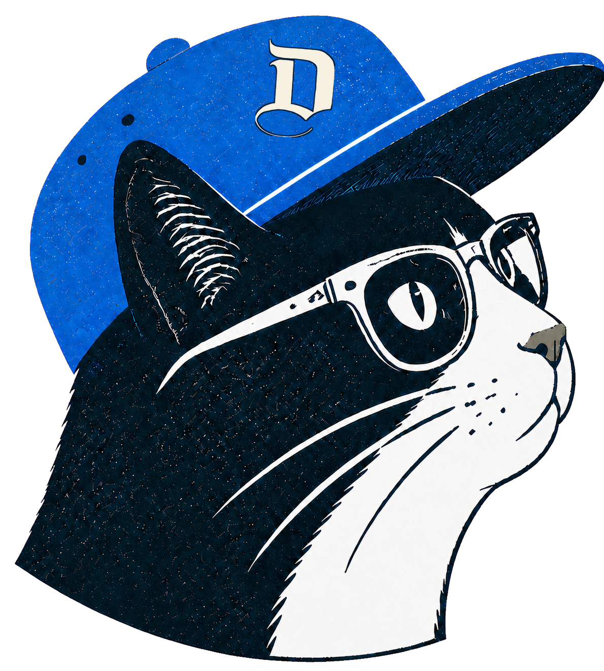 A black-and-white cat wearing glasses and a blue cap looks upward.
