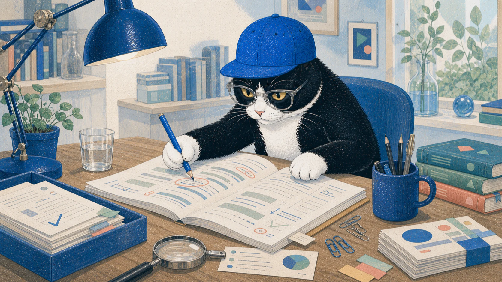 A tuxedo cat in glasses and a blue cap carefully reviews a manuscript with a blue pencil, correction marks, and a magnifying glass at an editorial desk.