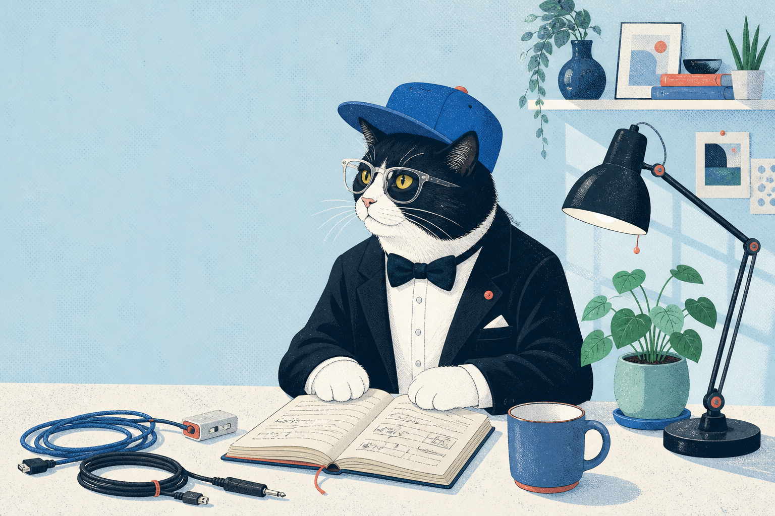 An illustrated tuxedo cat in a cap and glasses sitting at a worktable with a notebook