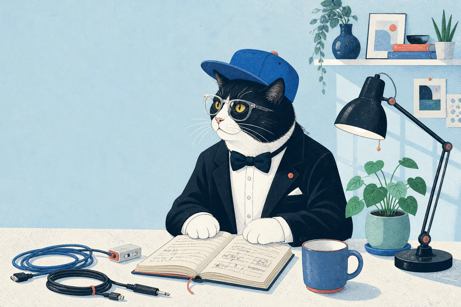 An illustrated tuxedo cat in a cap and glasses sitting at a worktable with a notebook