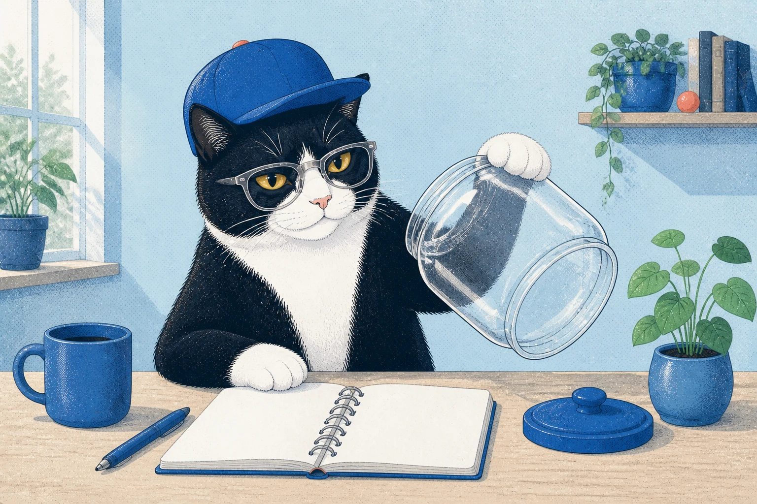 A tuxedo cat in a blue cap and glasses tilting an empty glass jar toward the viewer, beside an open notebook with blank pages.