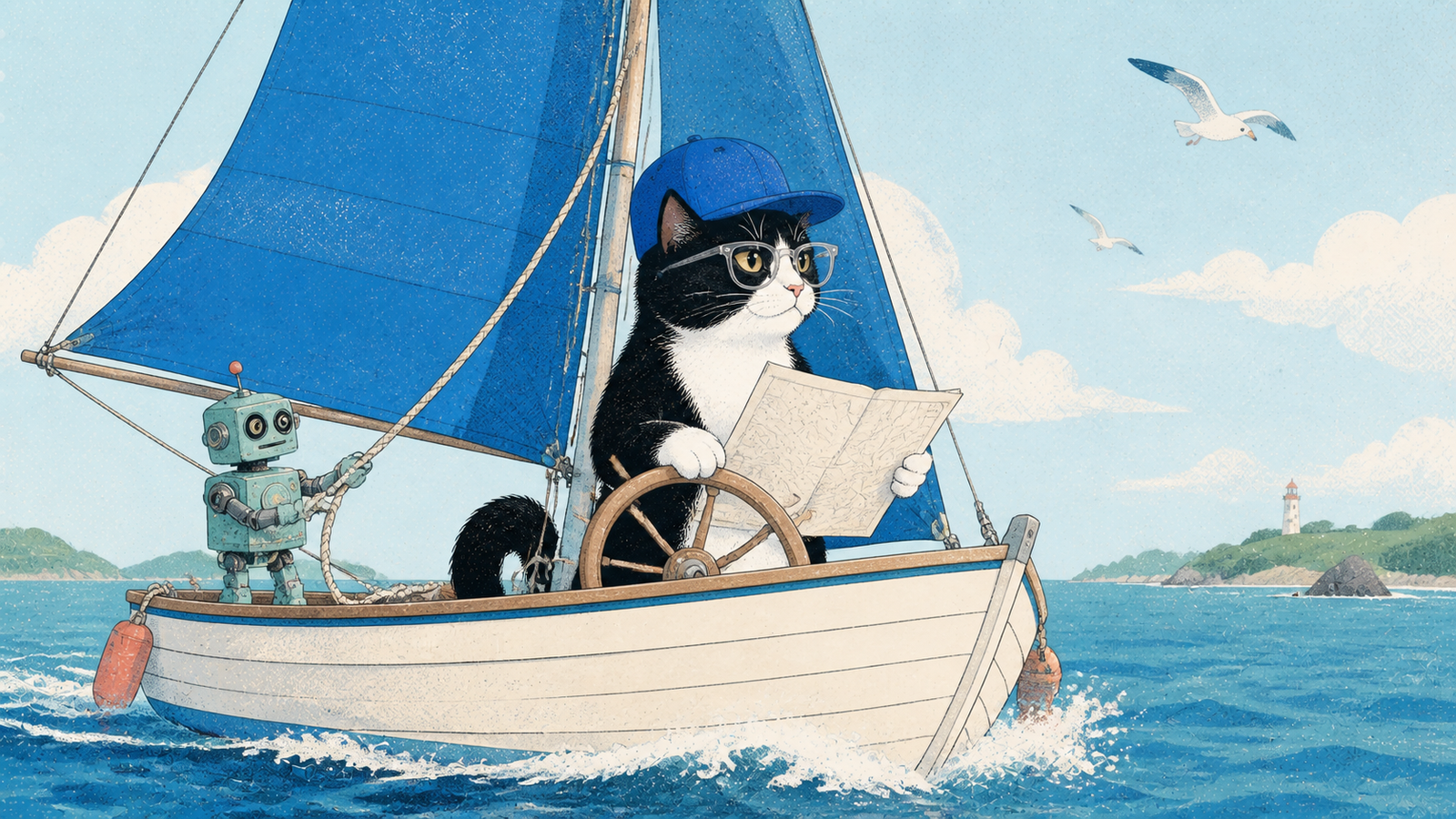 A tuxedo cat in a blue cap and glasses steers a small sailboat while reading a paper chart, as a toy robot handles the rigging beside him.