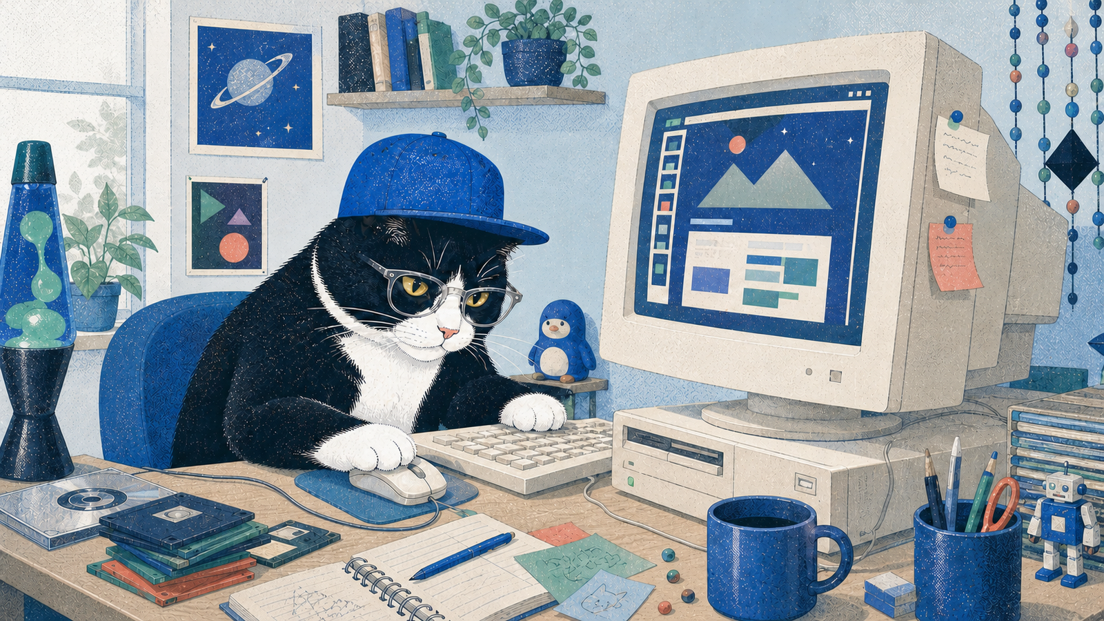 A tuxedo cat in a blue cap works at a beige nineties desktop computer, surrounded by floppy disks, CD cases, a lava lamp and a beaded curtain.