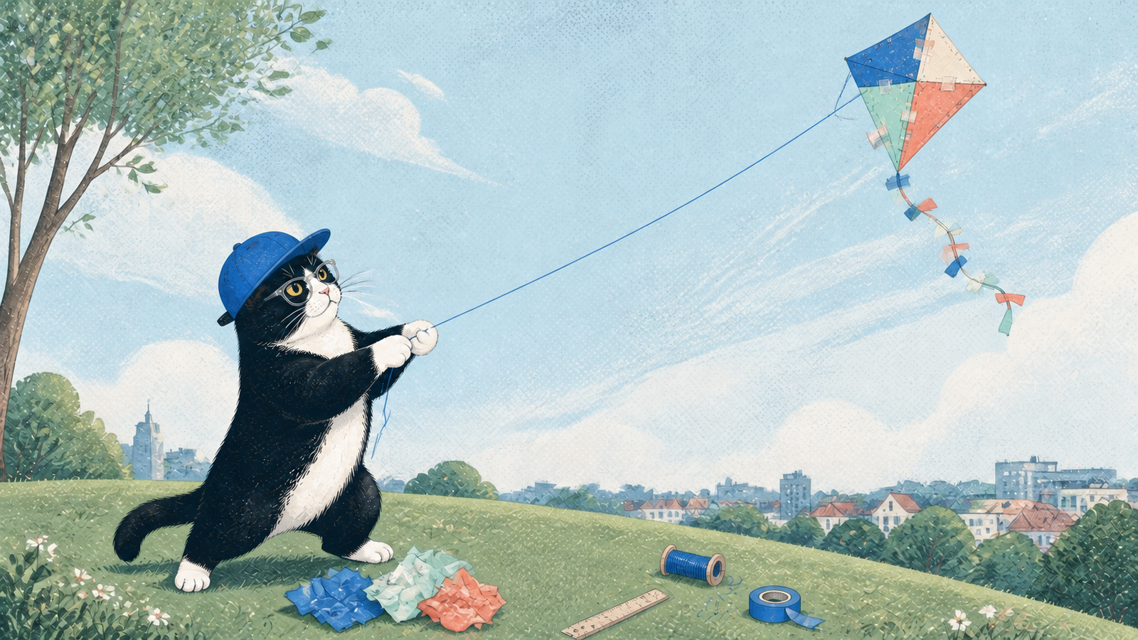 A tuxedo cat in a blue cap flies a patched together kite from a grassy hill, with crumpled earlier attempts, a spool of string and a roll of tape on the ground.