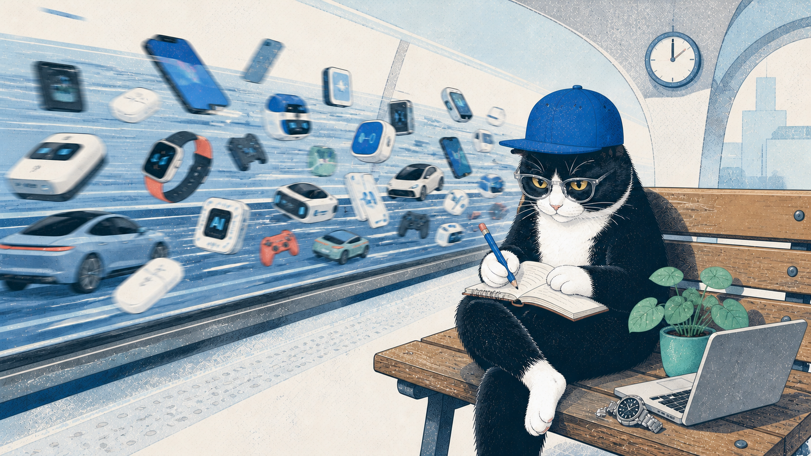 A tuxedo cat sits on a bench writing in a notebook while a blur of phones, smartwatches, gadgets and cars rushes past.