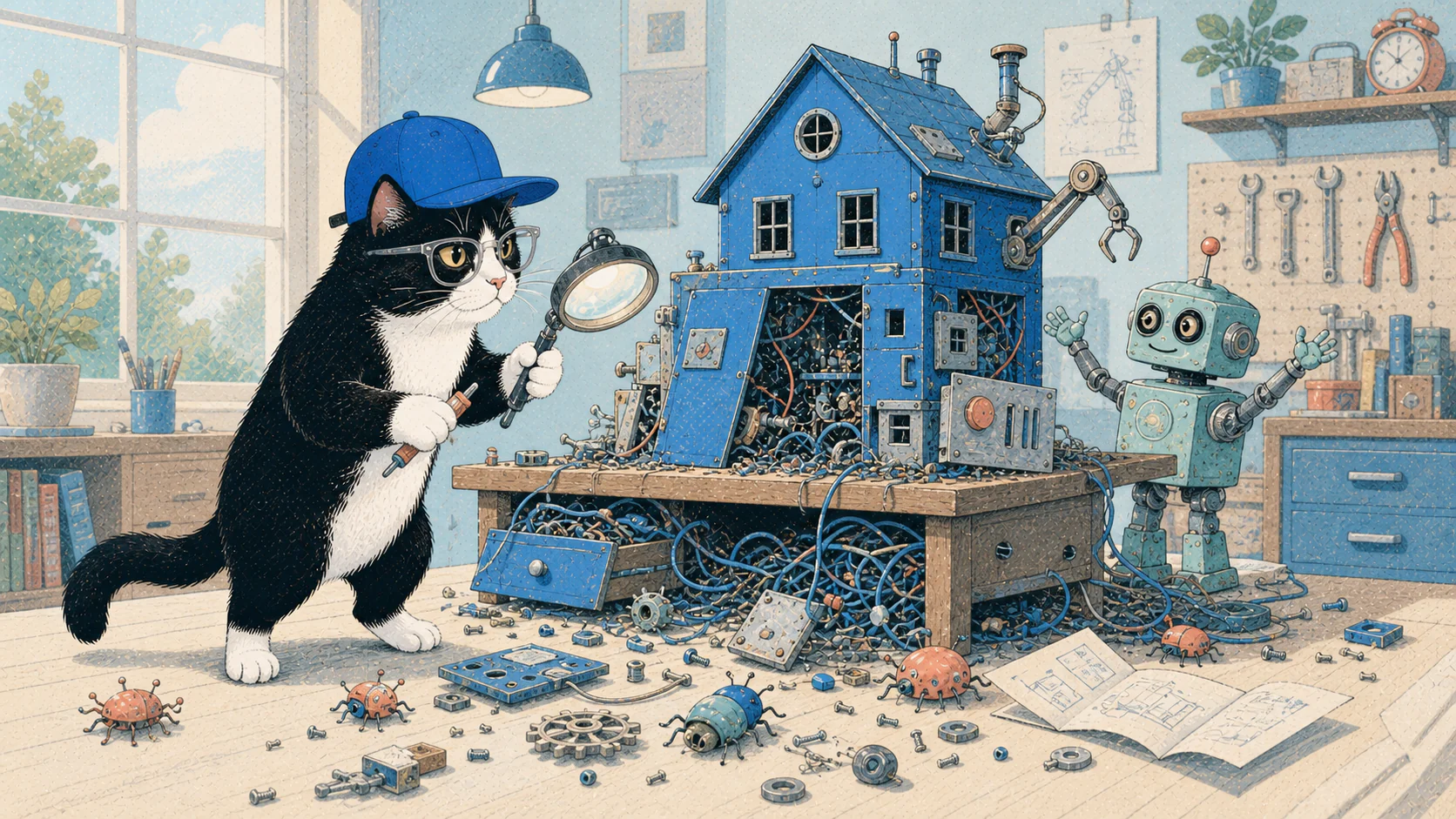 A tuxedo cat in glasses and a blue cap inspects the tangled aftermath of a small robot’s hurried construction project.